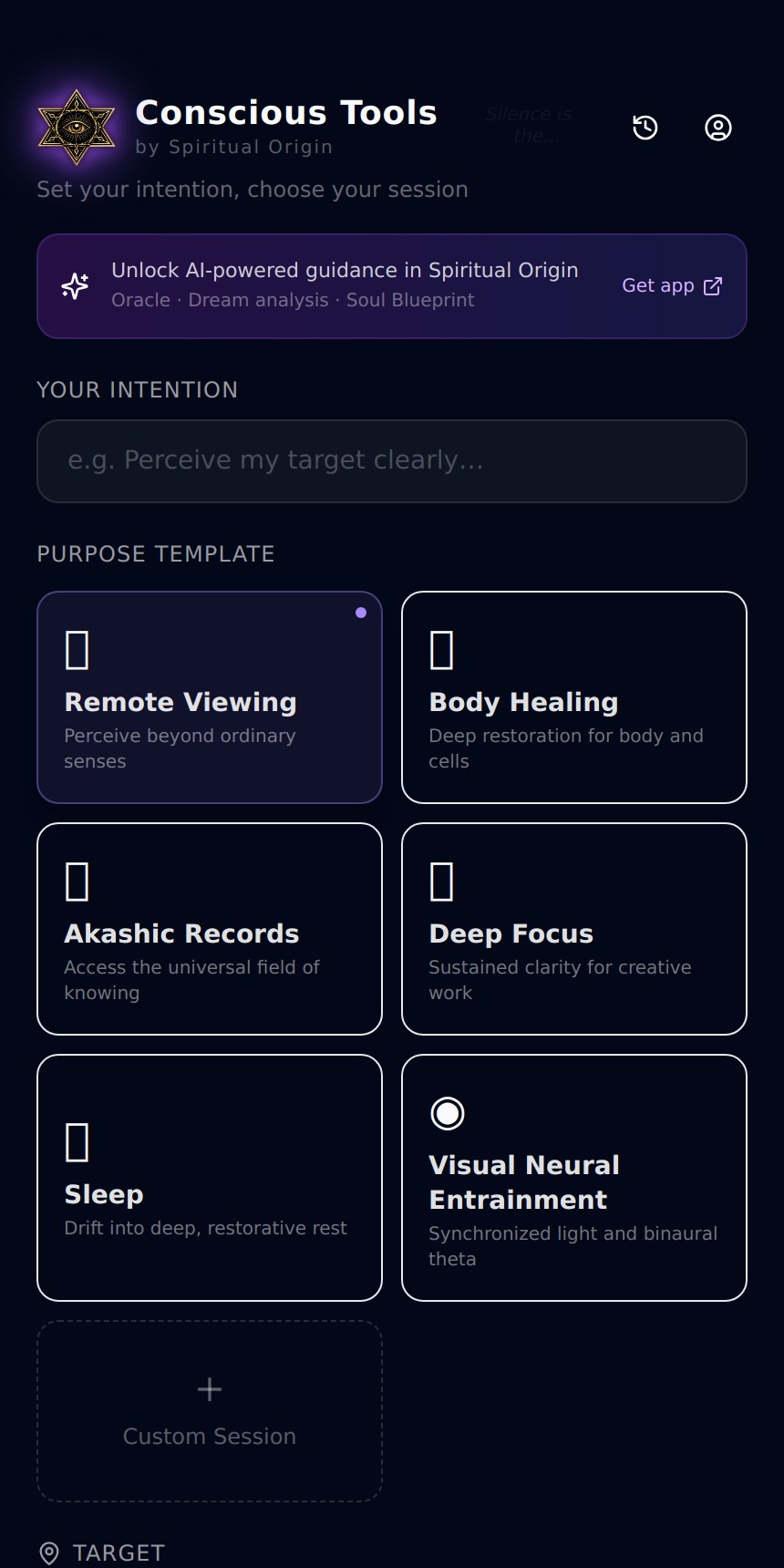 Real Conscious Tools mobile dashboard with guided practice templates