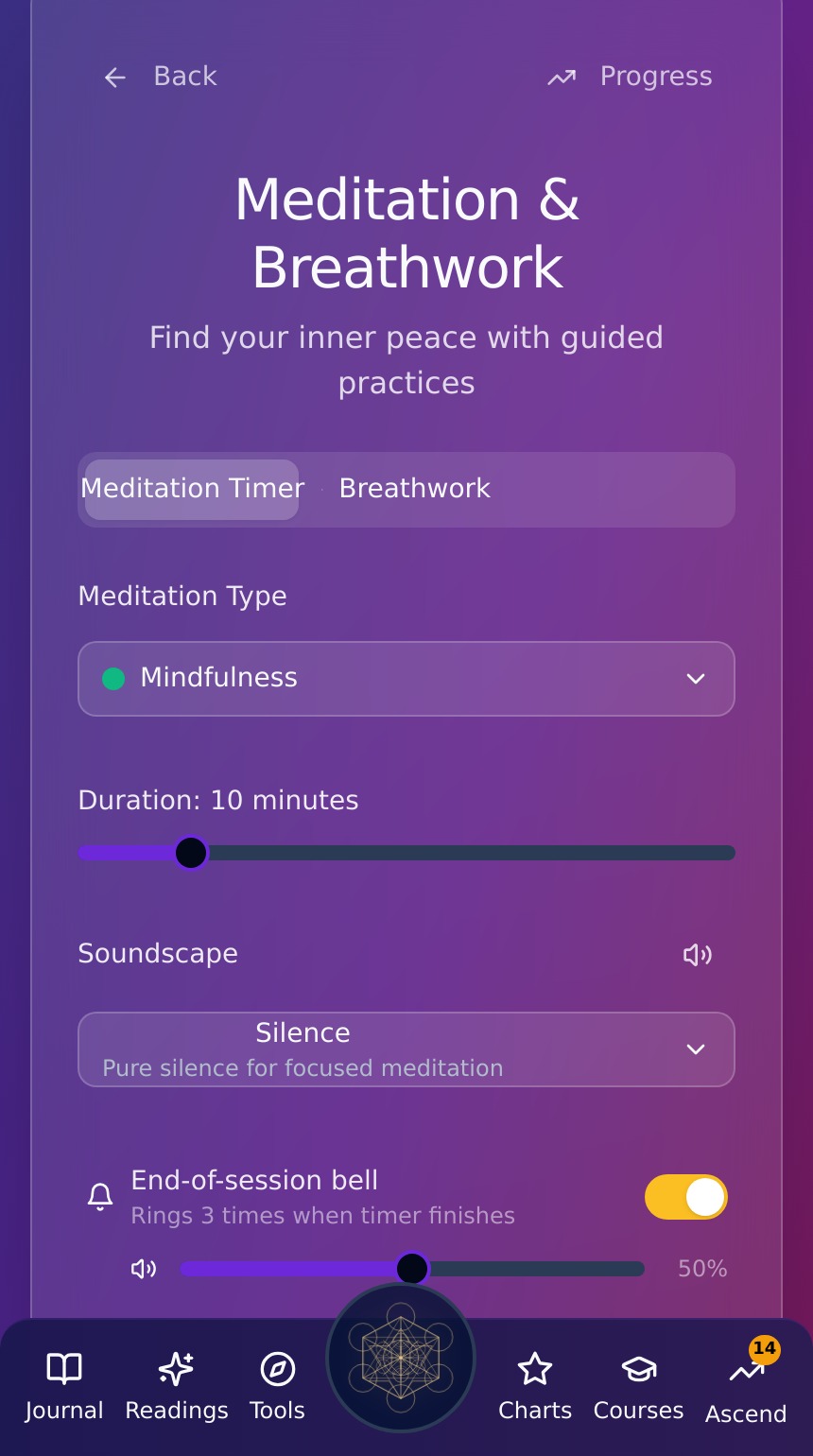 Real Spiritual Origin meditation and breathwork session controls