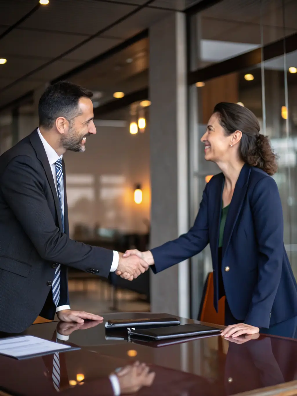 An image of two business partners shaking hands in a modern office, symbolizing a strong and compatible professional relationship, to be used on Spiritual Origin's compatibility readings section.