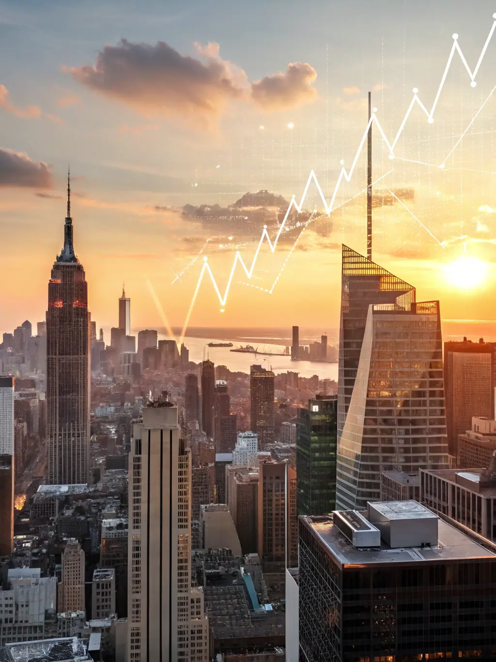 An image of a bustling city skyline with Jupiter lines highlighted, symbolizing opportunities for career growth and financial abundance. The image should convey a sense of prosperity and success.