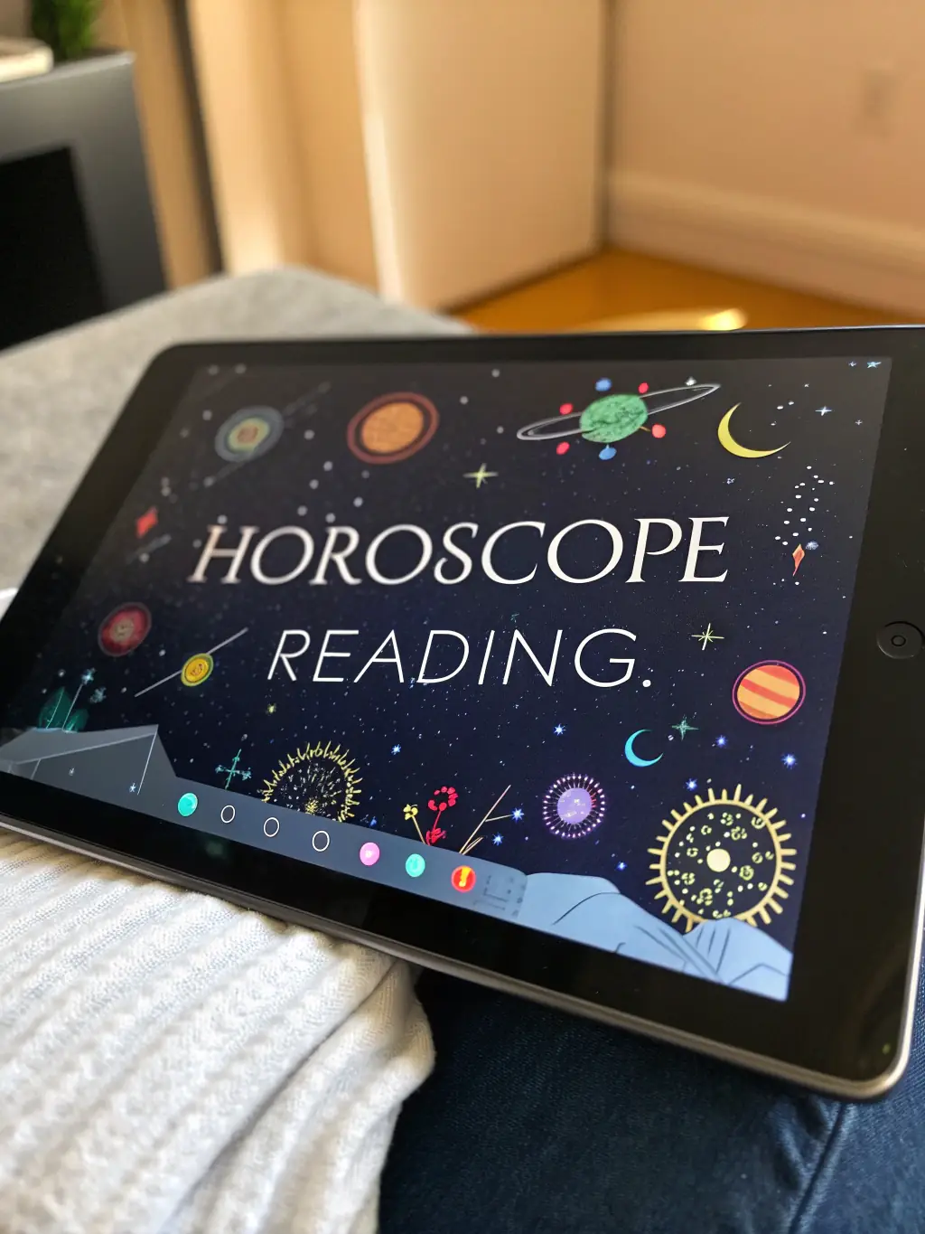 A serene image of a person holding a tablet displaying an astrological reading, with soft, natural light enhancing the spiritual atmosphere, symbolizing the Readings feature of Spiritual Origin.