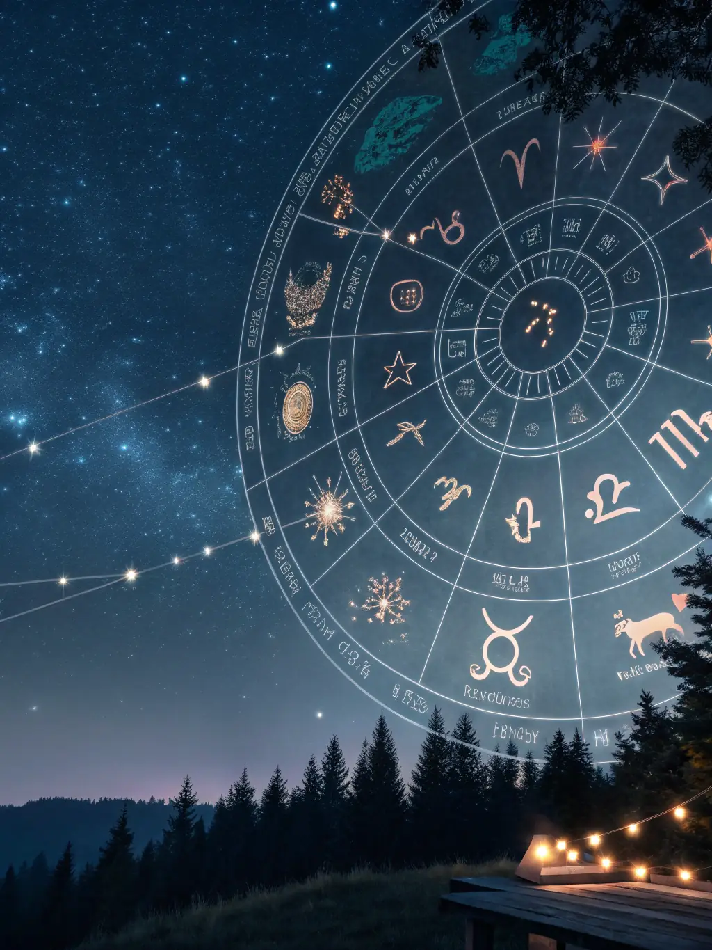 An image showcasing a complex astrological chart overlaid with AI processing symbols, representing the context-rich insights provided by Oracle AI.