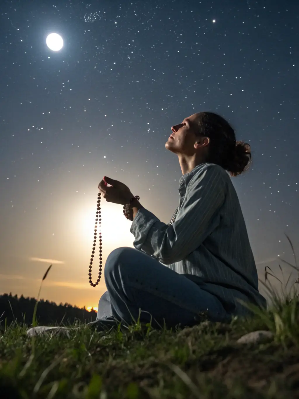 A serene image depicting a person meditating under a starlit sky, symbolizing inner peace and clarity gained through personalized guidance from Oracle AI.