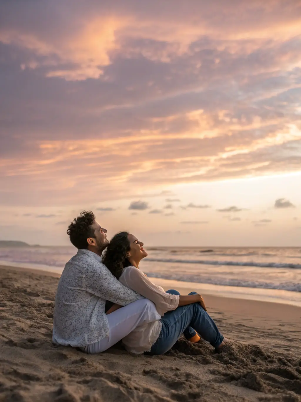 A serene image of a couple holding hands on a beach at sunset, representing a harmonious romantic relationship, to be used on Spiritual Origin's compatibility readings section.