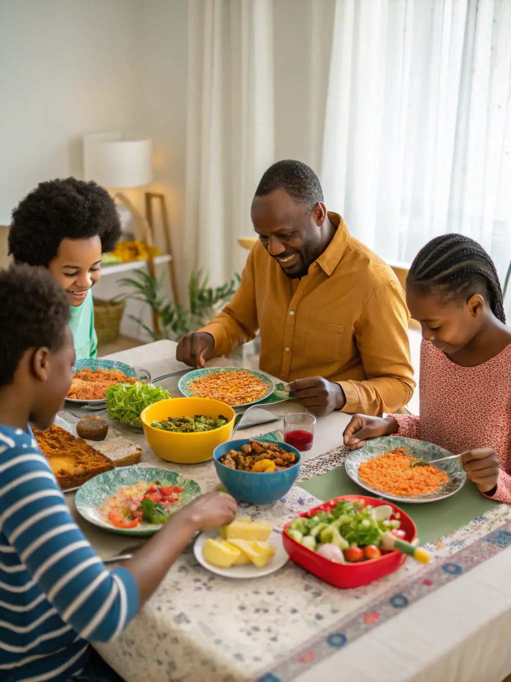 A heartwarming image of a family gathered around a table, sharing a meal and smiling, representing strong family bonds, to be used on Spiritual Origin's compatibility readings section.