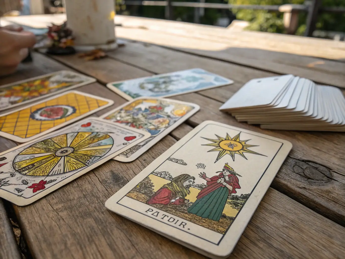 An image of a diverse collection of Oracle cards spread out on a table, each card displaying unique symbols and artwork, representing the variety of decks available for spiritual exploration.