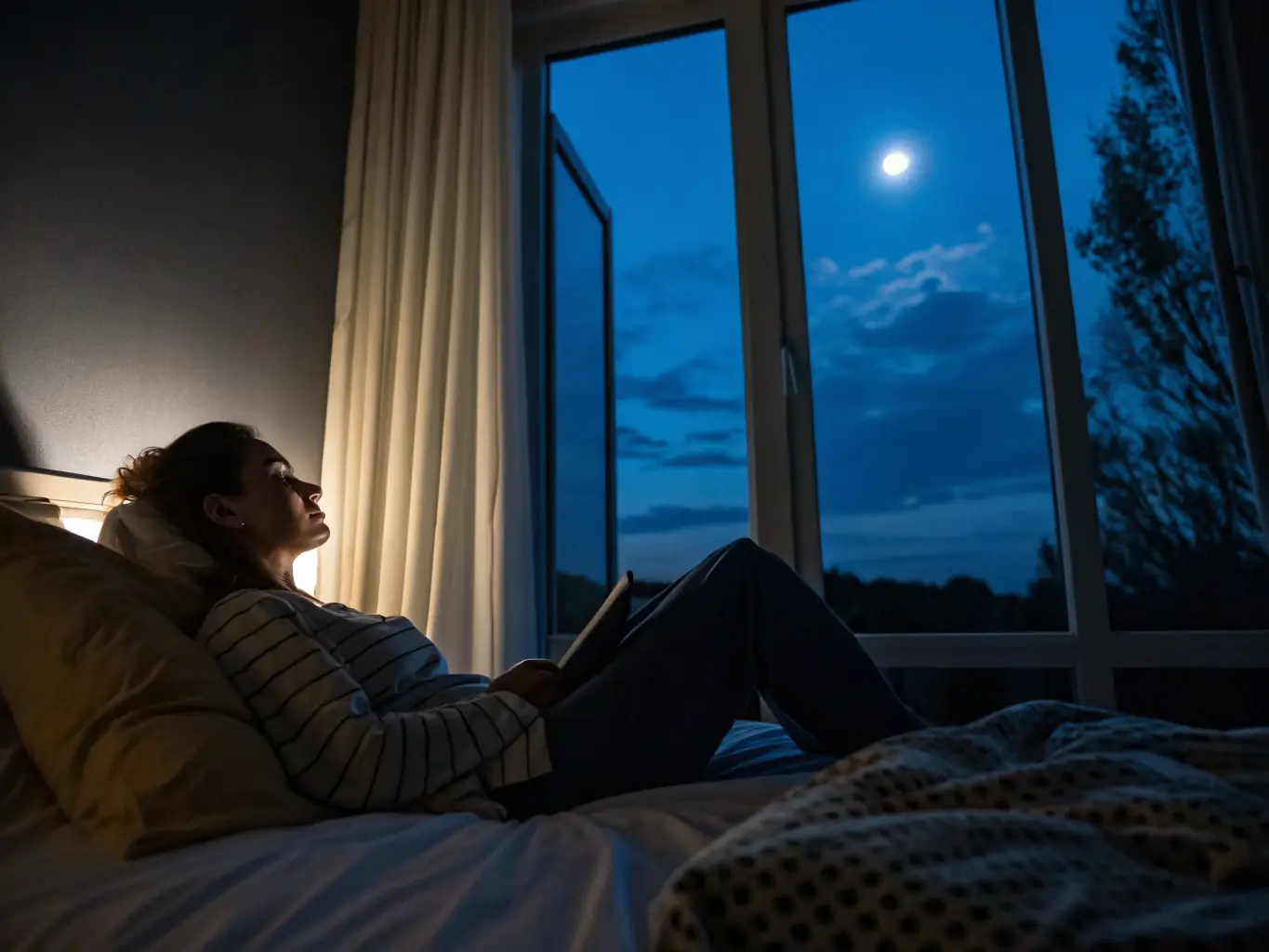 A serene image depicting a person sleeping peacefully, with dreamlike symbols floating around their head, representing the subconscious mind and the potential for dream interpretation.