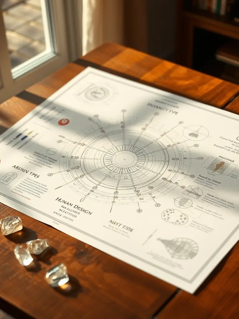 A digitally rendered image of a Human Design chart, showcasing the various centers, channels, and gates, with a soft, ethereal glow emanating from the chart.