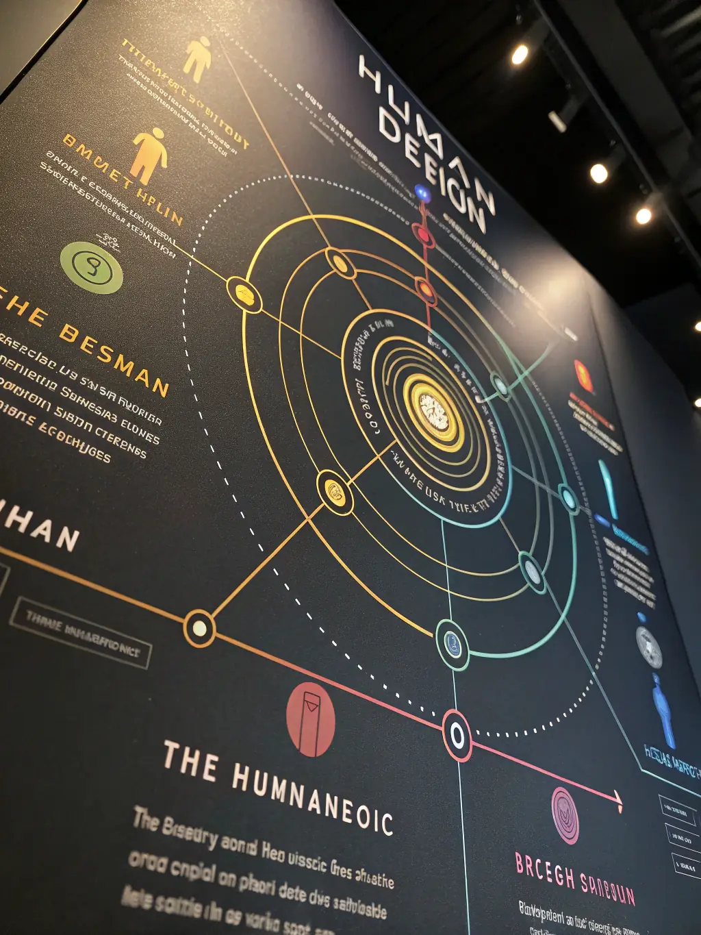 An artistic representation of the Human Design centers, each glowing with a different color, symbolizing their unique functions.