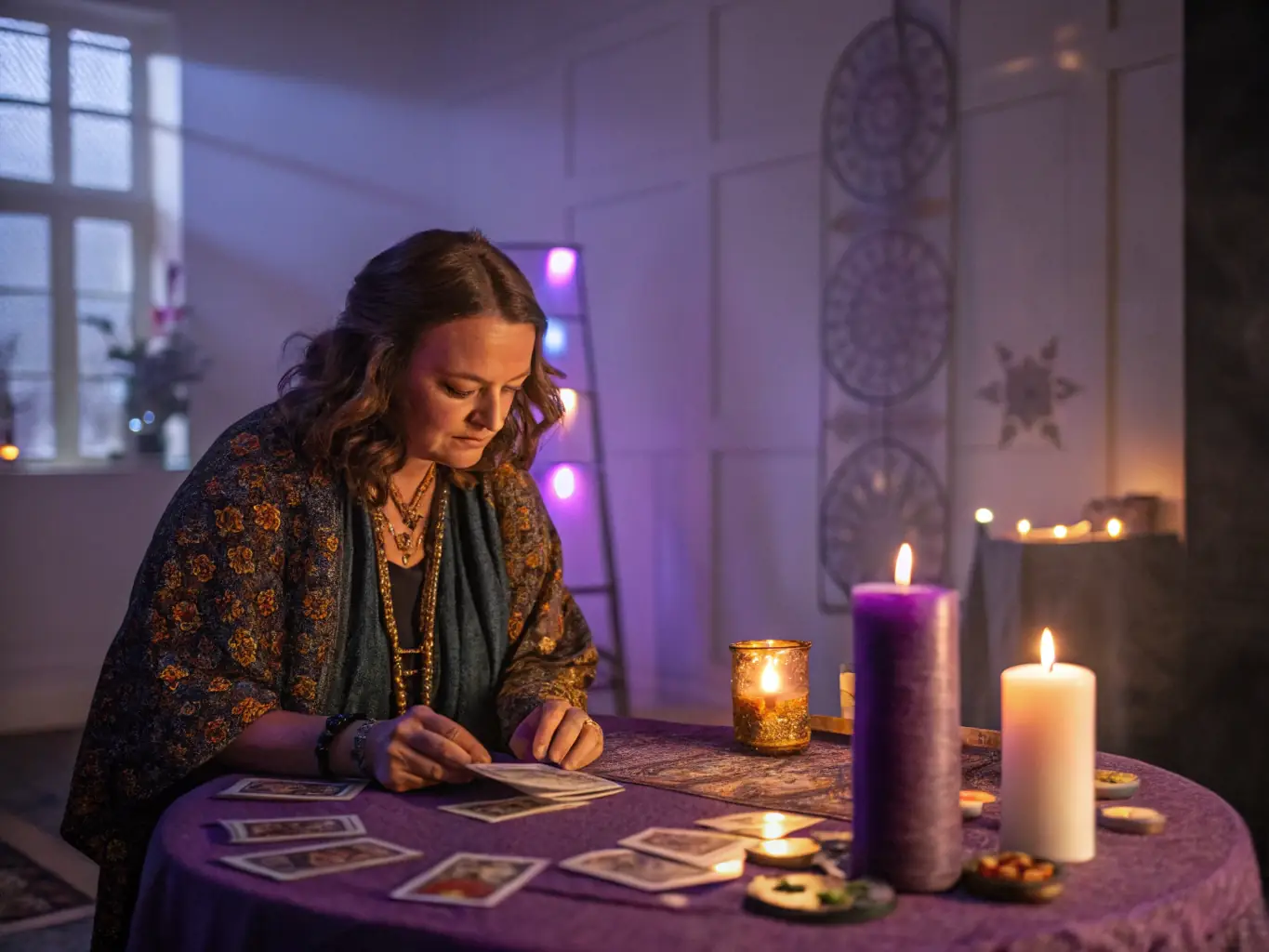 A serene image of a person meditating with Oracle cards placed around them, symbolizing the connection between inner wisdom and external guidance through card readings.