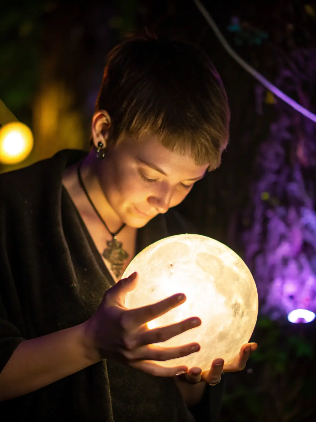 A person looking at a glowing orb that represents the Oracle AI, with symbols of various spiritual traditions floating around it, symbolizing the AI's comprehensive knowledge.