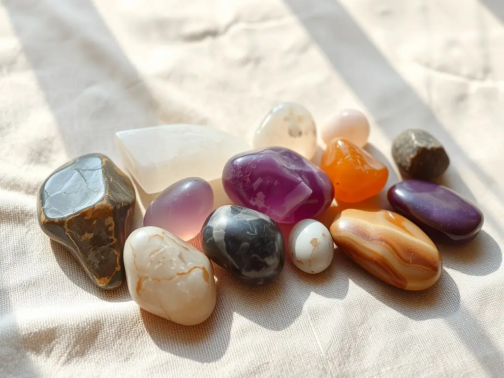 A protective circle of black tourmaline and obsidian gemstones, arranged around a central clear quartz point, symbolizing spiritual protection and the deflection of negative energies, with a soft, diffused light highlighting the arrangement.