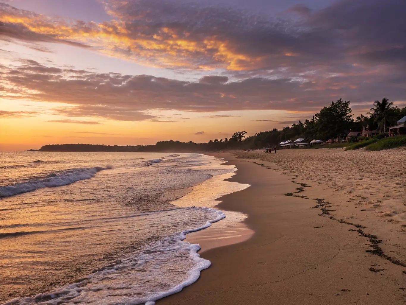 A serene beach at sunset, symbolizing a location ideal for love and relaxation, with gentle waves and soft, golden light.